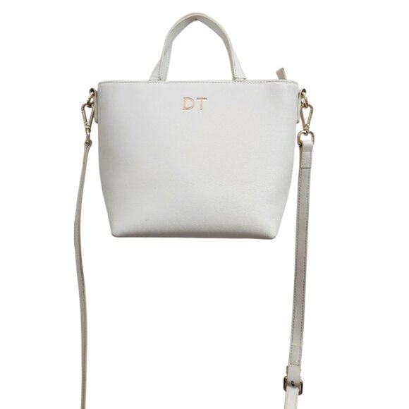 TDE White Structured Leather Tote Bag DT Logo Gold Hardware Crossbody Strap - Picture 2 of 16